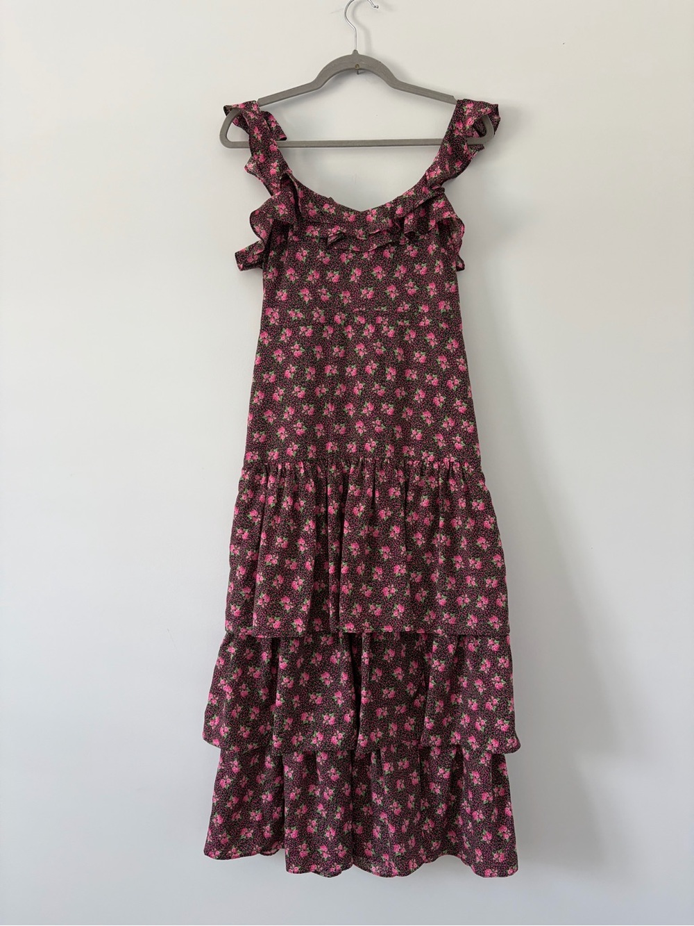 LIKELY Charlotte Floral Black Pink Square Neck Ruffle Tiered Boho Midi Dress 2